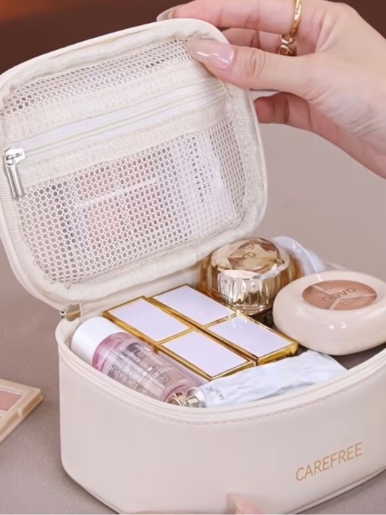 Carefree Handbags - Cream Travel Cosmetic Bag with Mesh Organizer